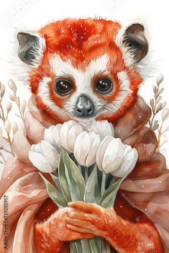 Slow loris holding bouquet of flowers painting photo