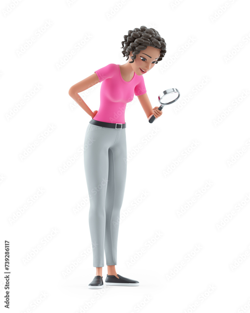 3d beautiful woman looking through magnifying glass 3d beautiful woman looking through magnifying glass
