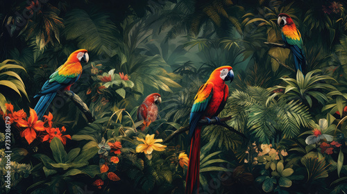 Tropical leaves background  toucan parrot  tropical birds  retro fresco  old paper  shabby wall - generative AI