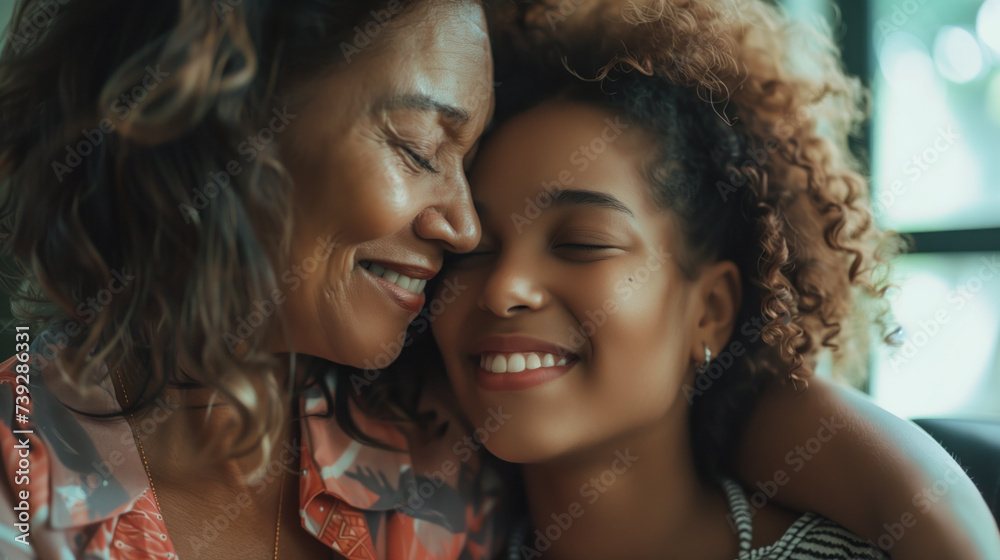 Heartwarming Embrace Between Mother and Daughter in a Cozy Setting Heartwarming Embrace Between Mother and Daughter in a Cozy Setting