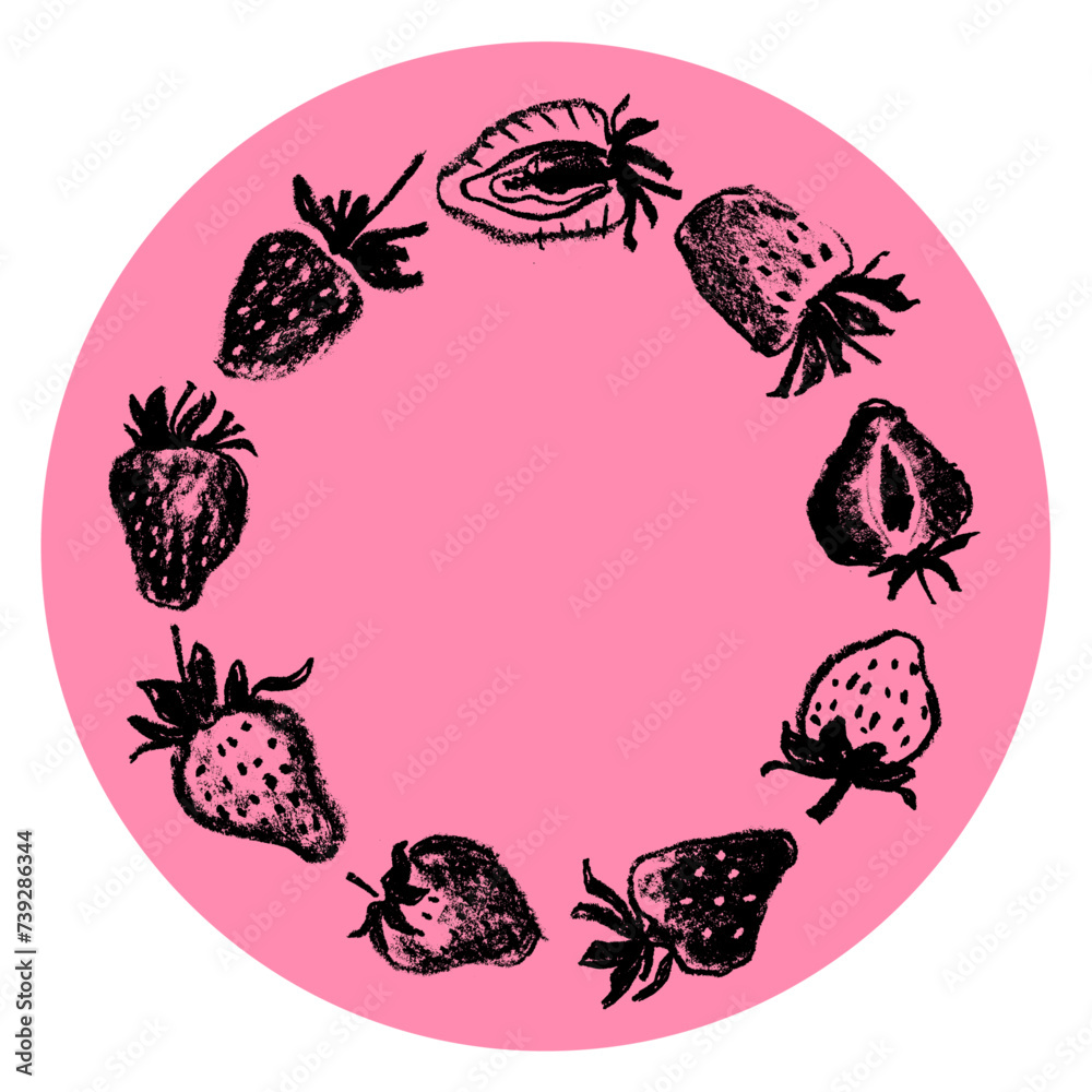 Strawberry wreath with berries drawings for juice label, cosmetics packaging design, healthy food banner template. Hand-drawn vector strawberries garland illustration. Red berry chaplet. Round frame.