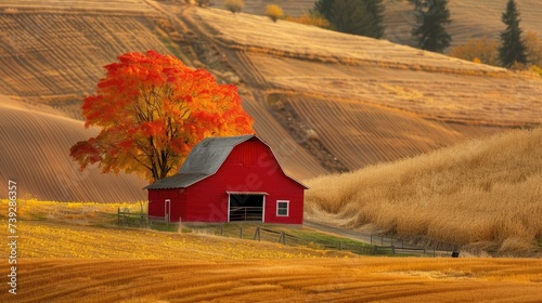 A red barn in the fall season in the palouse wheat  photo