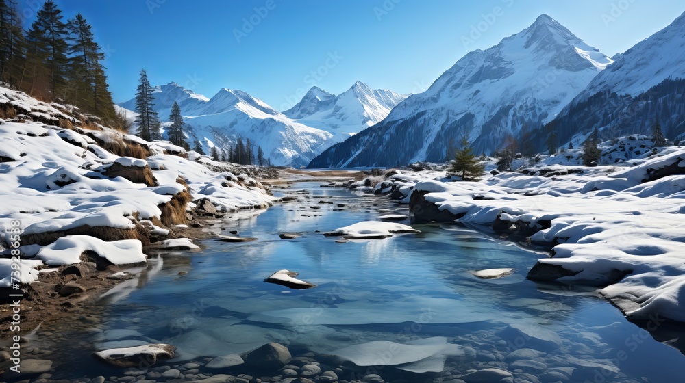 Fototapeta premium An icy mountain lake in the heart of winter, the surface frozen solid, snow-covered peaks in the background, the silence of the wilderness pervasive, Photograph