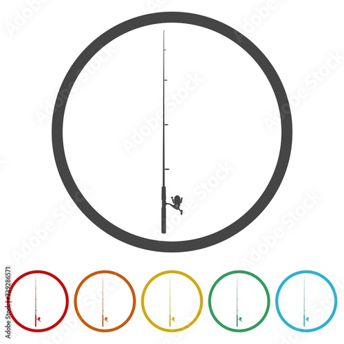 Fishing rod icon. Set icons in color circle buttons