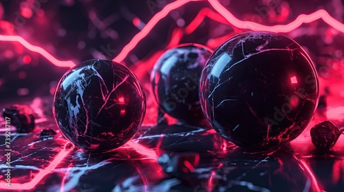 Black marble spheres, neon lighting