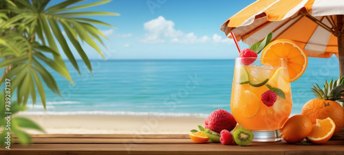 refreshing summer cocktail adorned with a slice of orange and a decorative umbrella, surrounded by tropical fruits on a beachfront setting with a serene ocean view 