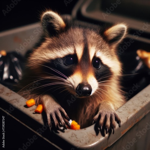 Raccoon leans out of garbage can after rummaging for food 