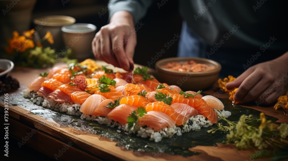 Close-up of sushi making process, chef's hands rolling sushi, fresh ingredients, conveying the precision and tradition of Japanese cuisine, Photorealistic, sush