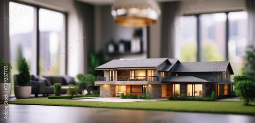 house models on blurred living room background, house selection, real estate concept