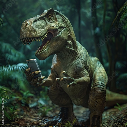 Tyrannosaurus rex holding a smartphone in its front paws