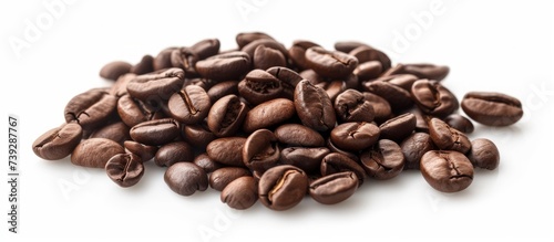 Close-up of aromatic coffee beans on white background, perfect for coffee shop marketing