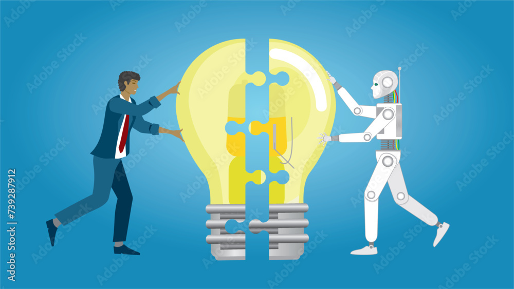Man putting his idea together with AI robot. Support from artifical intelligence. Dimension 16:9. Vector illustration. Man putting his idea together with AI robot. Support from artifical intelligence. Dimension 16:9. Vector illustration.