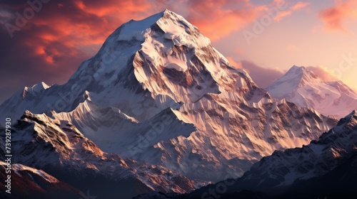 An alpine mountain chain at sunset, the sky painted in hues of pink and orange, the snow-capped peaks glowing softly, the air clear and crisp, Photography, tele © ProVector