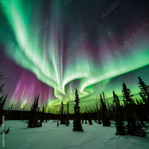 Aurora borealis, northern lights in the winter forest.