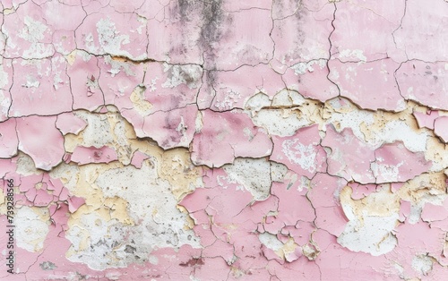 The textured decay of a pink wall presents an intricate pattern of cracks and crevices, a testament to the passage of time on man-made surfaces.
