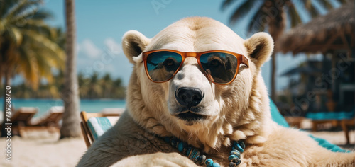 Polar bear in sunglasses in a sun lounger resting on a tropical beach © Roman