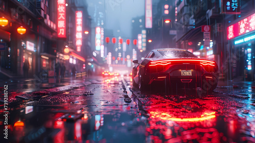 Rainy Night in Neon-Lit City Street With Sports Car