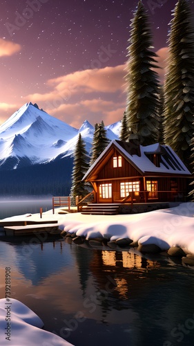 a snow-capped mountain with a lake and a cabin, under a moon light starry night sky, a 3d rendering.