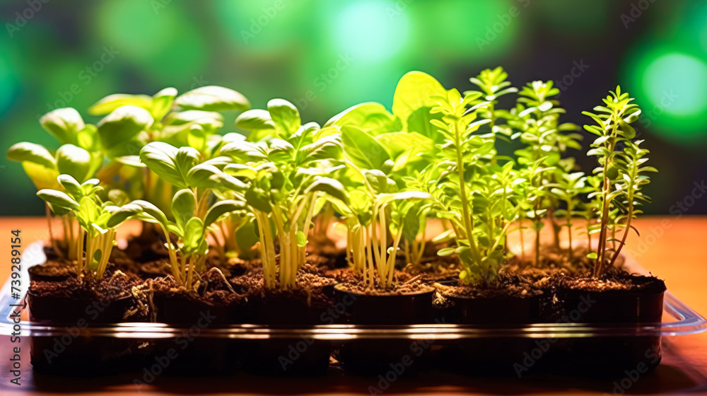 Plants basking under ultraviolet light, illustrating the concept of indoor gardening at home. Vibrant foliage thriving in artificial lighting conditions. Plants basking under ultraviolet light, illustrating the concept of indoor gardening at home. Vibrant foliage thriving in artificial lighting conditions.