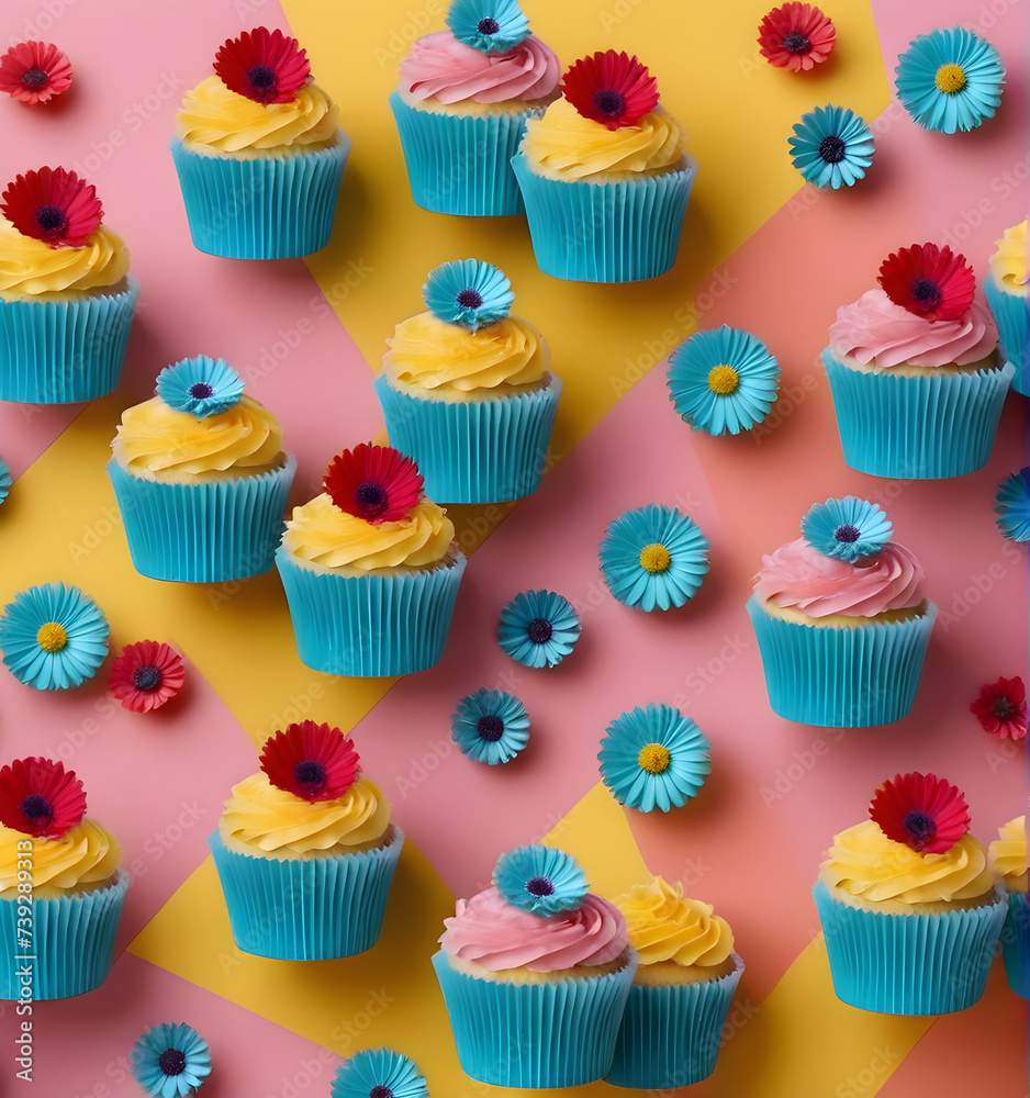 Cupcakes with buttercream frosting and flowers on colorful background Cupcakes with buttercream frosting and flowers on colorful background