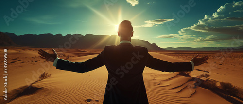a man stands in desert and looks at the sunset, dressed in a business suit, motivation to achieve success goals, personal growth. Concept of success and achieving goals