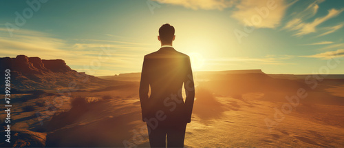 a man stands in desert  and looks at the sunset, dressed in a business suit, motivation to achieve success goals, personal growth. Concept of success and achieving goals photo