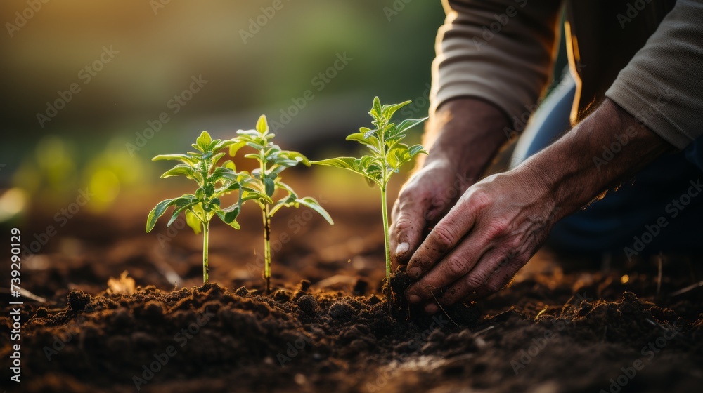 Fototapeta premium Close-up of a farmer's hands planting seeds in rich soil, rows of crops visible, focusing on the connection between humans and the earth, Photorealistic, farmin