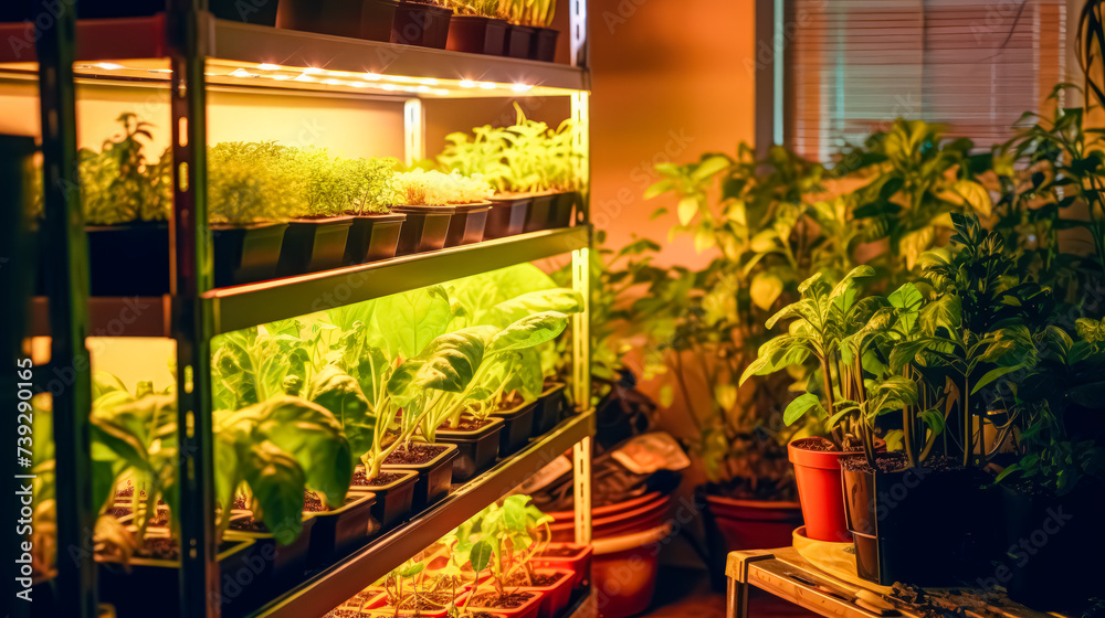 Plants basking under ultraviolet light, illustrating the concept of indoor gardening at home