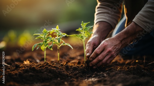 Close-up of a farmer's hands planting seeds in rich soil, rows of crops visible, focusing on the connection between humans and the earth, Photorealistic, farmin © ProVector