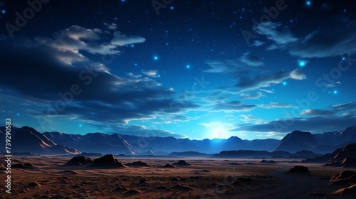 Desert dunes under a star-filled sky  sand patterns and textures visible  emphasizing the vastness and mystery of desert nightscapes  Photorealistic  desert nig