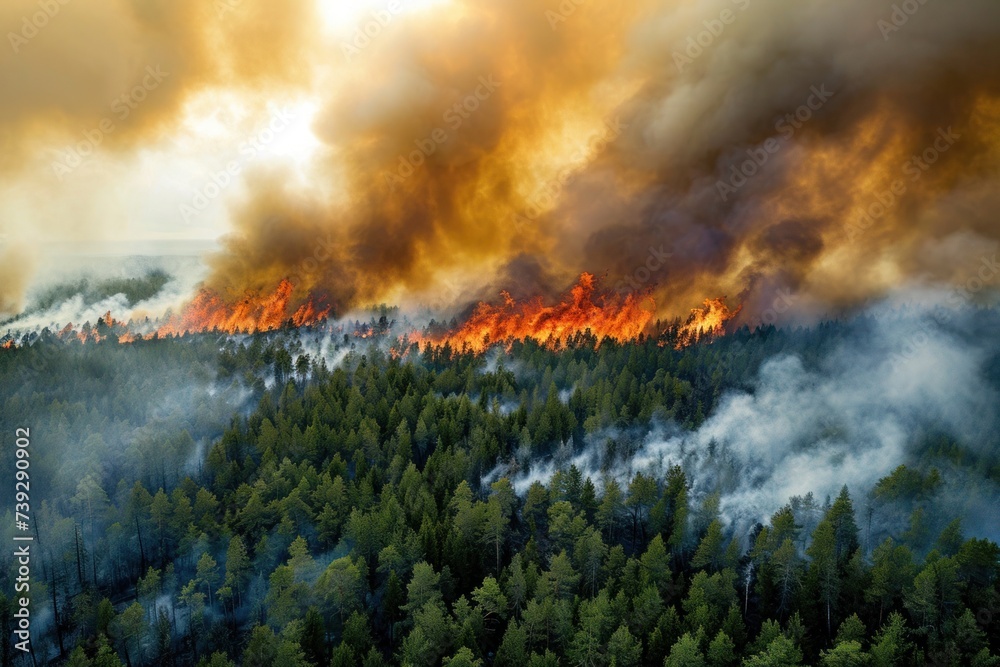 Aerial perspective on forest fires from afar, capturing the enormity of the disaster with billowing smoke and flames, Photo --ar 3:2 --stylize 50 --v 6 Job ID: e30de1d5-f040-4403-912b-6176aaabd65a