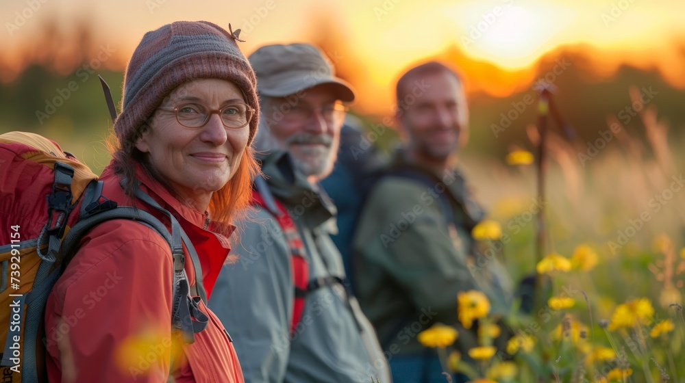 Group of elderly friends with backpacks relaxing after a hike in a blooming field at sunset. Three senior friends smile during a scenic hike at dusk, pensioning hikers adventurers sharing a moment