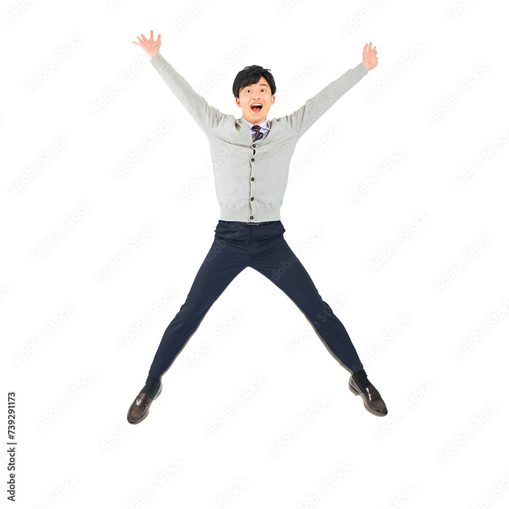 ジャンプする男子学生 手作業で精密に切り抜いた背景透過全身写真PNG ジャンプする男子学生 手作業で精密に切り抜いた背景透過全身写真PNG