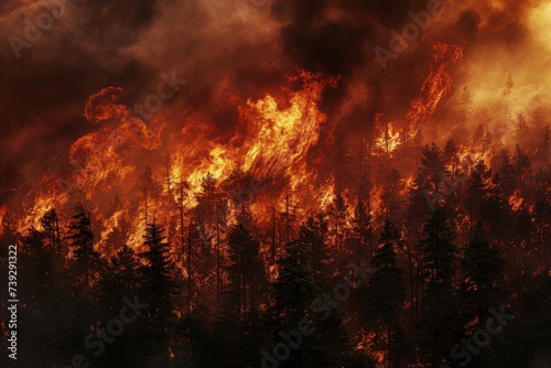 Apocalyptic scene as a raging wildfire engulfs the forest, creating a chaotic blend of flames and smoke, Photo --ar 3:2 --stylize 50 --v 6 Job ID: c0acfe17-fc89-4919-a71e-a92b35cb248a photo