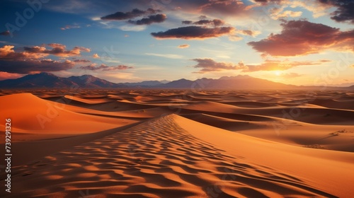 Expansive view of a desert landscape at sunset, sand dunes and dramatic sky, conveying the serene and stark beauty of arid environments, Photorealistic, desert