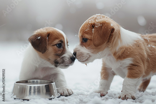 She has two puppies. Their noses are touching each other. A concept for friends and good friends.