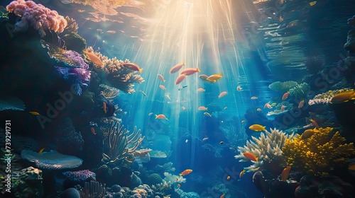 A vibrant underwater scene illuminated by the sun's rays