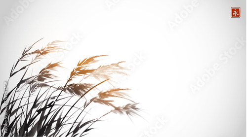 Ink painting of grass on the wind. Traditional oriental ink painting sumi-e, u-sin, go-hua. Translation of hieroglyph - eternity.