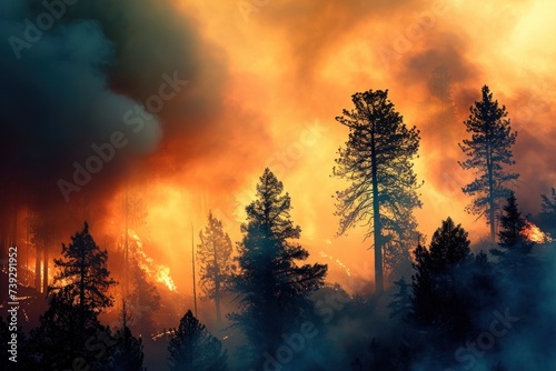 Catastrophic forest fires create a fiery spectacle, with trees engulfed in flames and the sky painted with smoke, Photo --ar 3:2 --stylize 50 --v 6 Job ID: 786f8693-dbce-46f7-86a6-a27645916ccf