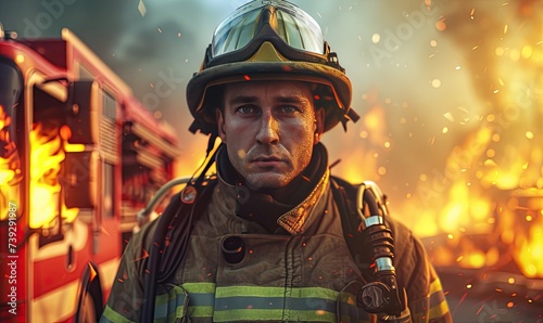Fireman standing in front of a fire background. © Filip