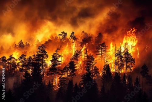 Catastrophic forest fires create a fiery spectacle, with trees engulfed in flames and the sky painted with smoke, Photo --ar 3:2 --stylize 50 --v 6 Job ID: 16f84781-e929-4852-87dd-ac7f67b27159 photo