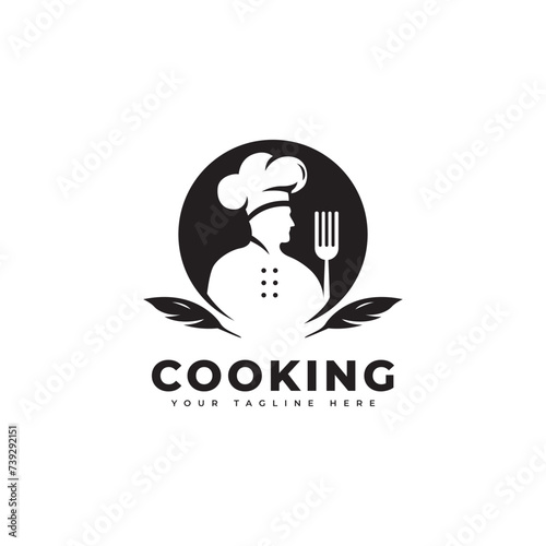 Cooking logo with chef silhouette object, minimalist style. Suitable for cooking, restaurant, or food menu product.