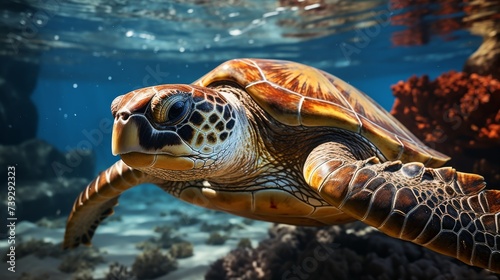 Close-up of a sea turtle gliding over a reef, detailed texture of its shell and fins, soft sunlight filtering through water, capturing the grace of marine creat