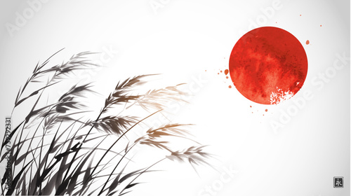 Ink painting of  grass on the wind and big red sun. Traditional oriental ink painting sumi-e, u-sin, go-hua. Translation of hieroglyph - eternity