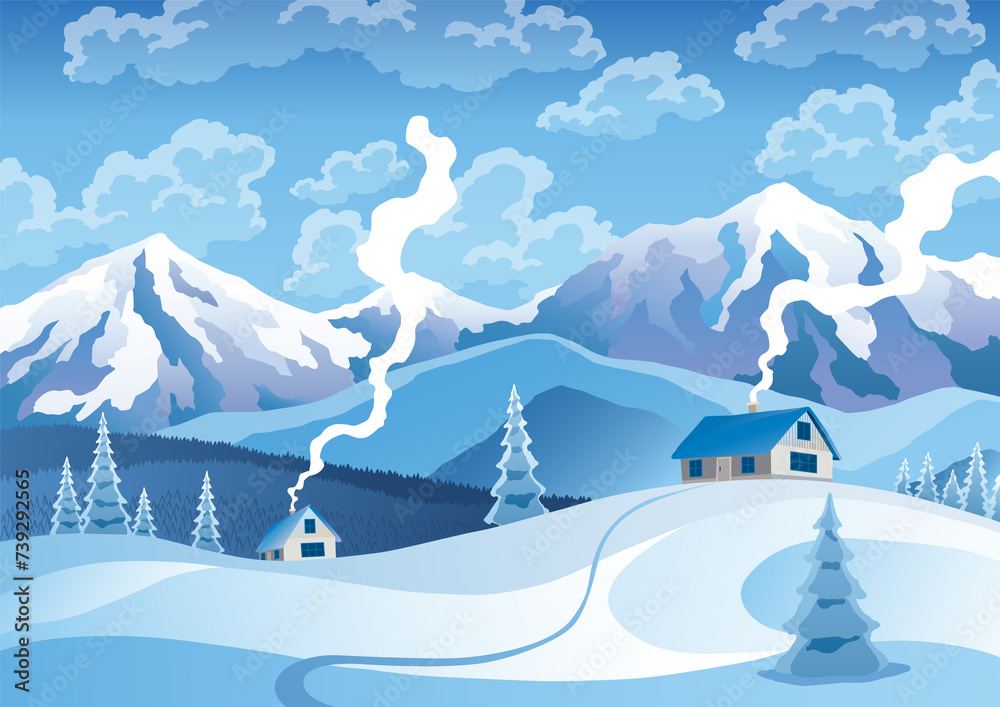 Winter landscape with house, snowy pines on foreground and mountains peaks, hills, clouds on sky on background. drawing of snow-covered field on which stands the house