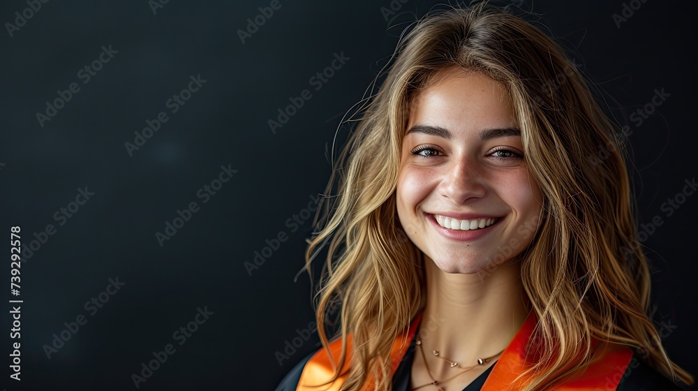 A portrait of a cute and beautiful Israeli femal student, wearing graduation gown, black background. A portrait of a cute and beautiful Israeli femal student, wearing graduation gown, black background.