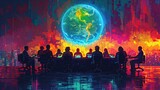 A pixel art of a roundtable with business people discussing about the future of climate change. 