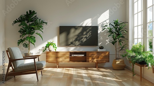 Contemporary living room interior  with a TV on the wall  natural decoration  wooden furniture.