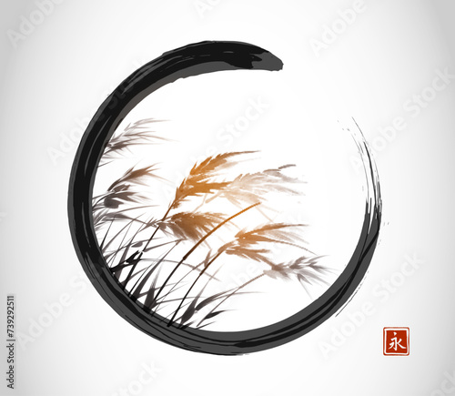 Ink painting of  grass on the wind in black enso zen circle. Traditional oriental ink painting sumi-e, u-sin, go-hua. Translation of hieroglyph - eternity