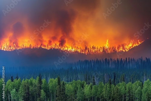 Distant view of sweeping wildfires in the forest, a panoramic spectacle of nature's destructive power, Photo --ar 3:2 --stylize 50 --v 6 Job ID: 84b1f2b4-6bd9-4001-b87d-aaa207caf29f